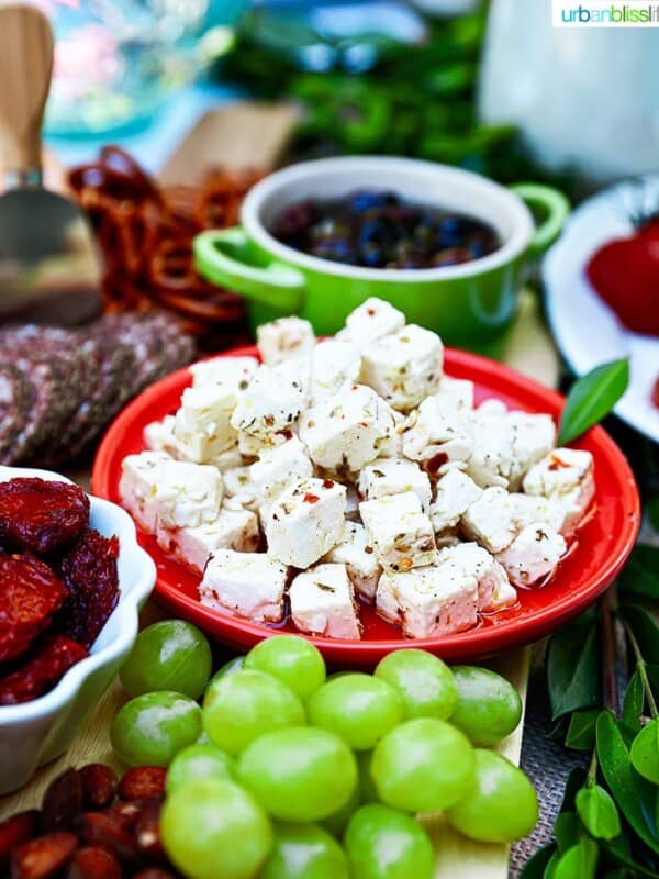 marinated feta as part of a spread with grapes