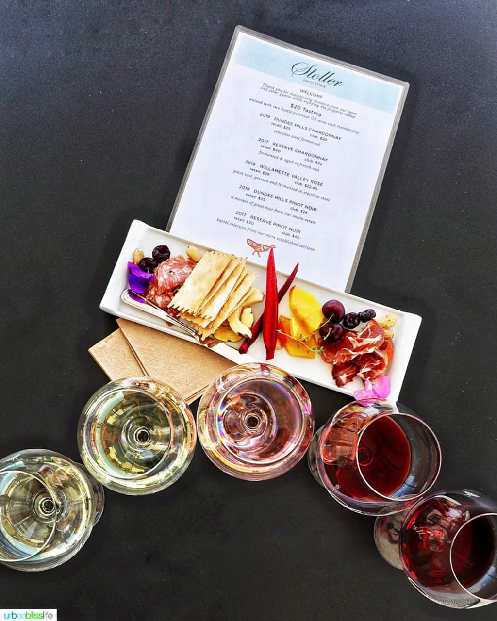 wine flight and charcuterie board at Stoller Winery