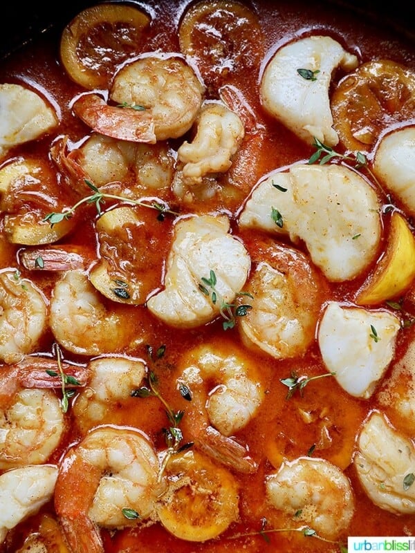 closeup of New Orleans-style BBQ shrimp and scallops