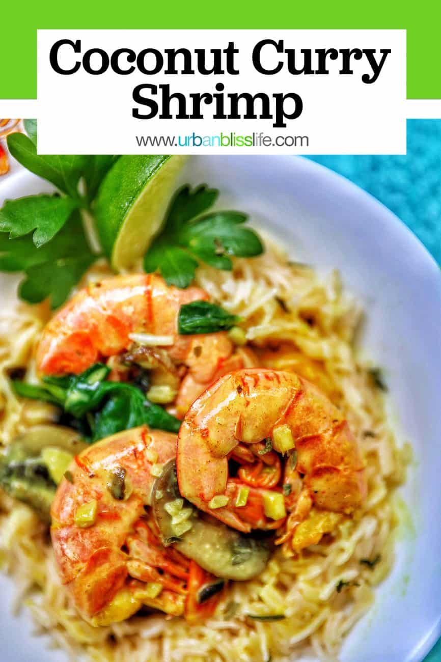 pinterest graphic for Coconut Curry Shrimp and Mushrooms