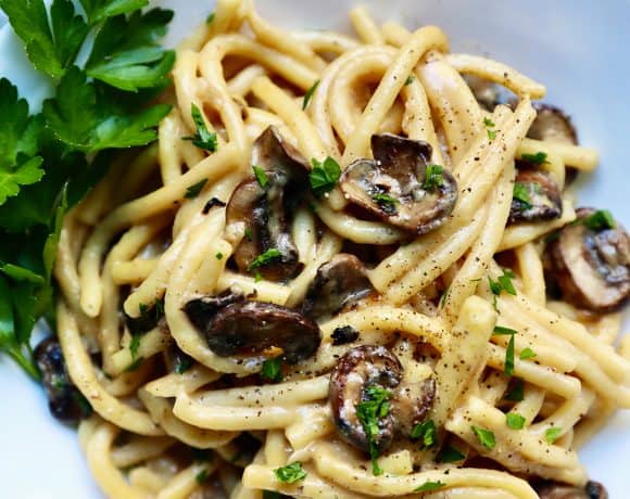 Creamy Pasta with Crispy Mushrooms FEATURE