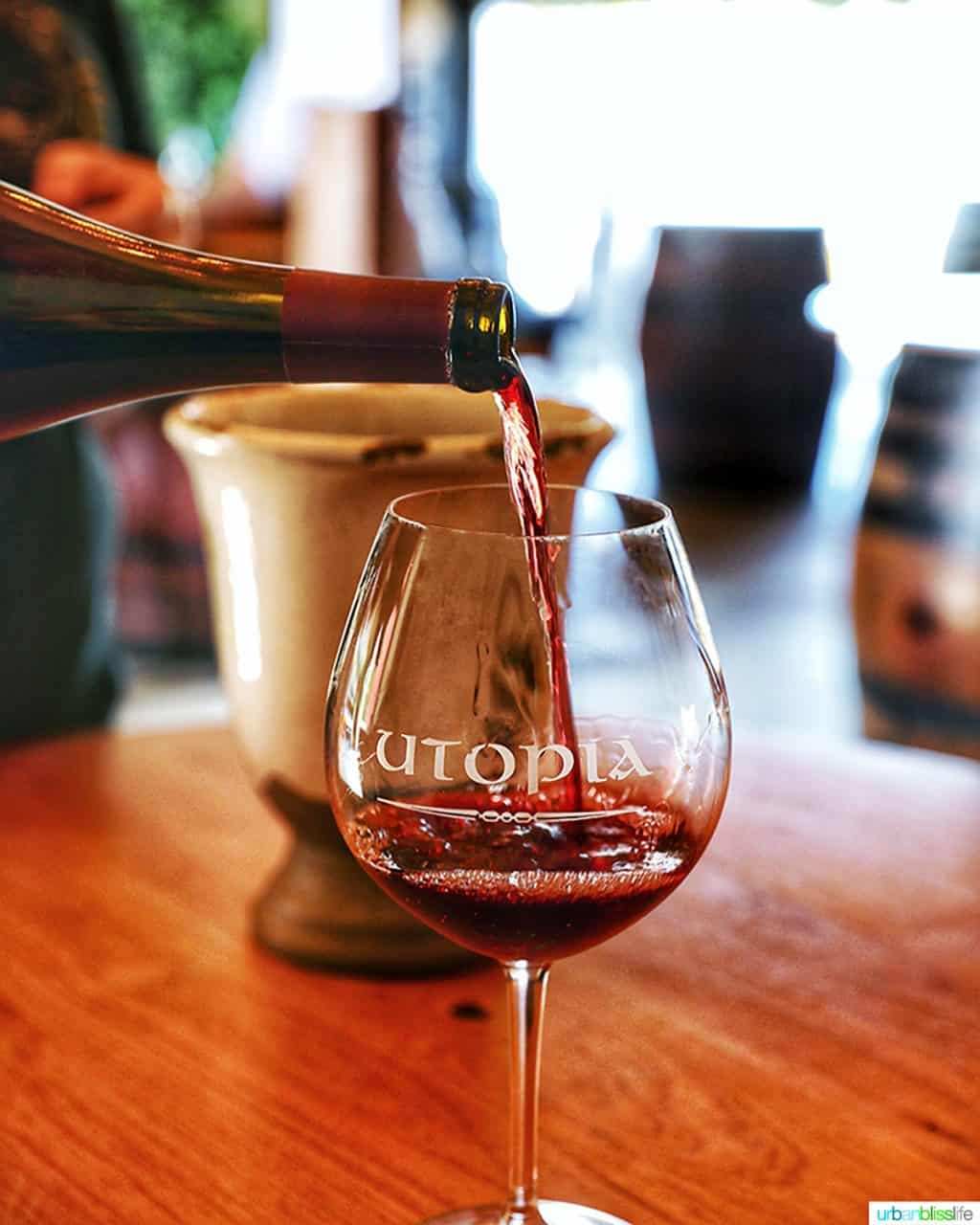 red wine pour of Utopia Vineyard Pinot Noir