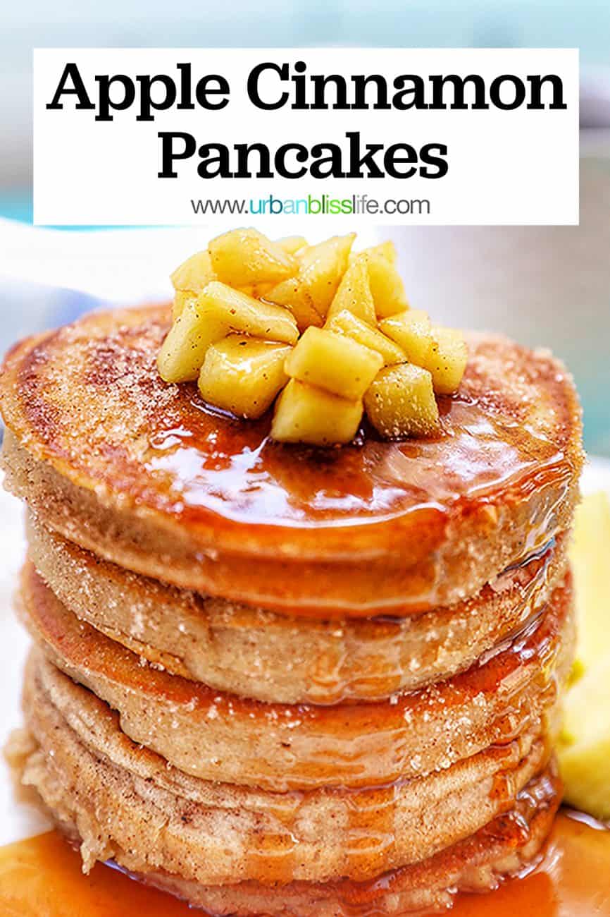 closeup of a stack of pple cinnamon pancakes with diced apples and title text overlay