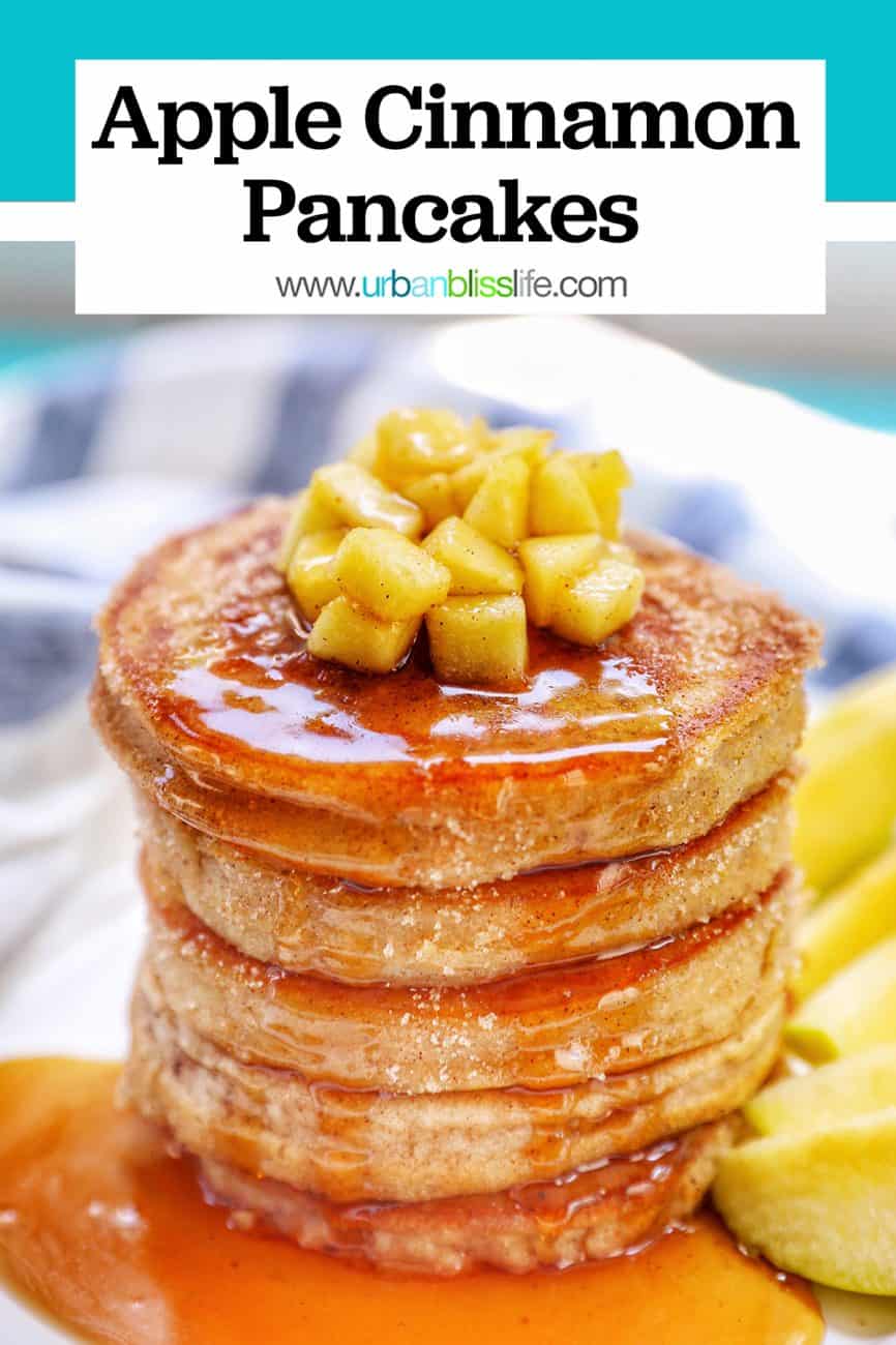 big stack of fluffy pple cinnamon pancakes with syrup and title text