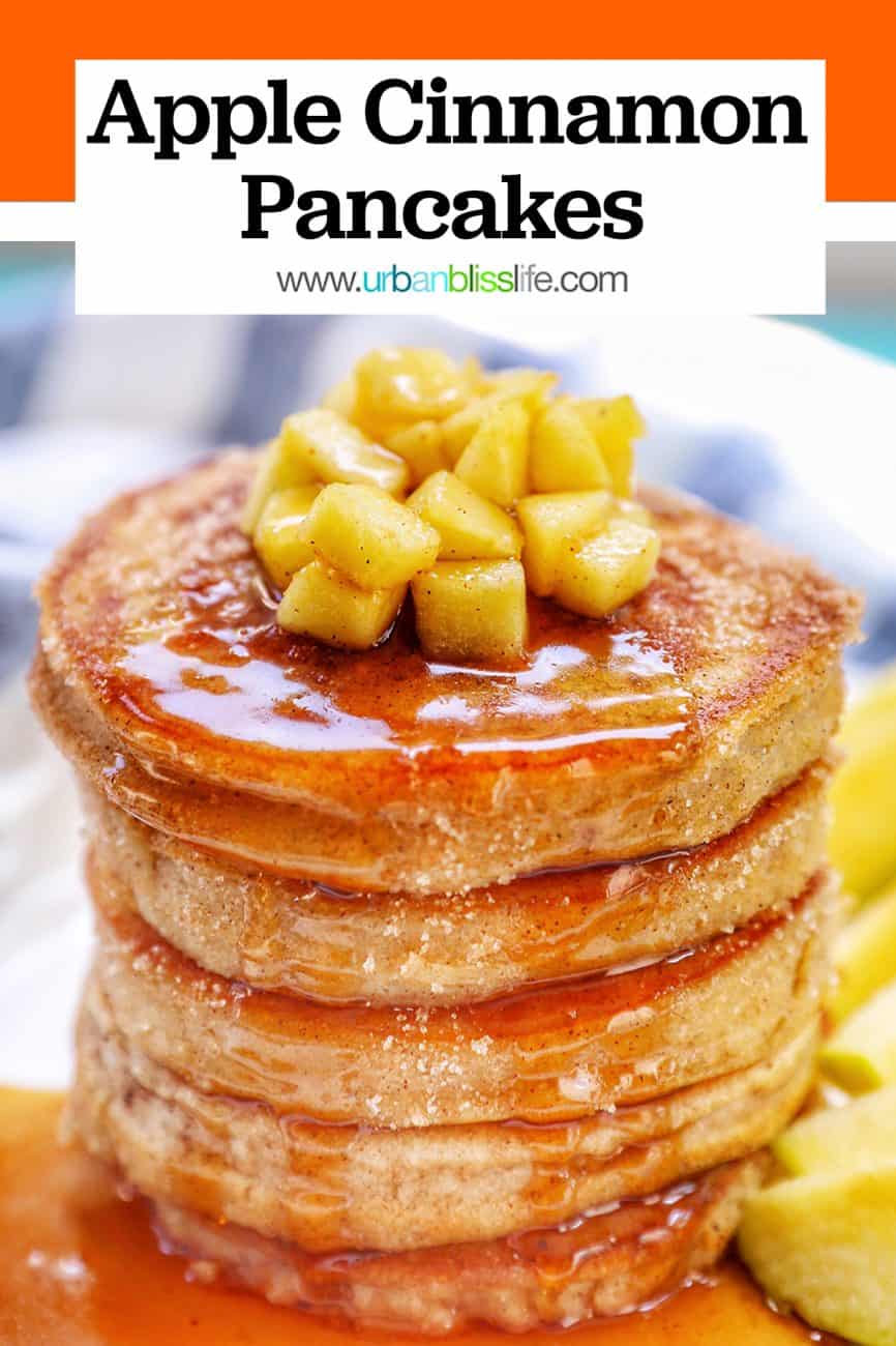 stack of pple cinnamon pancakes with title text