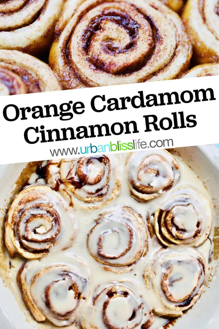 close up and full pan of orange cinnamon rolls