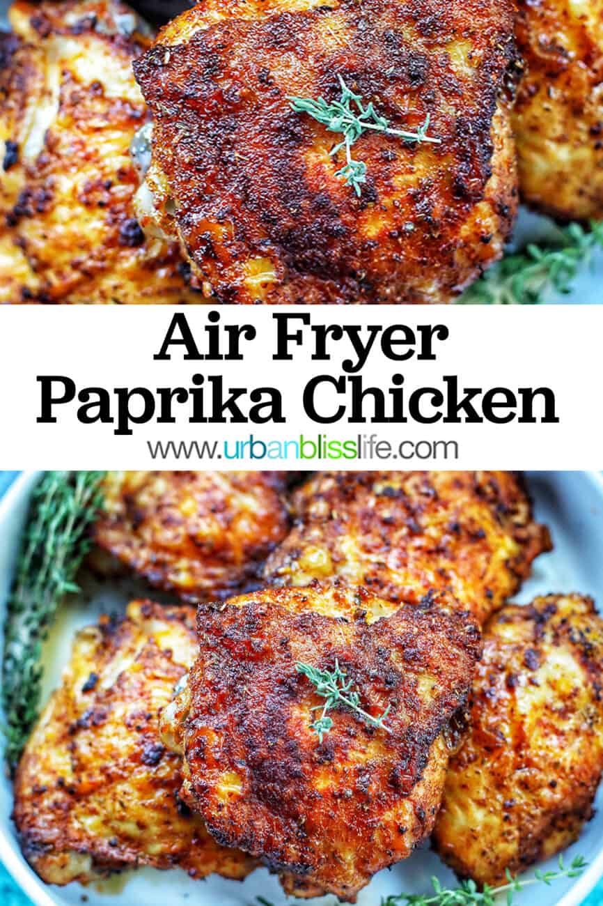 two photos of air fryer paprika chicken with title text overlay