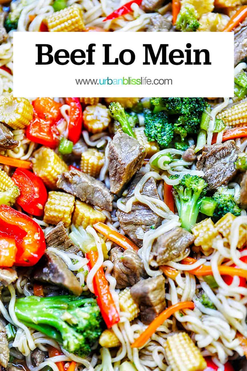 lo mein noodles with beef, vegetables, and title text overlay