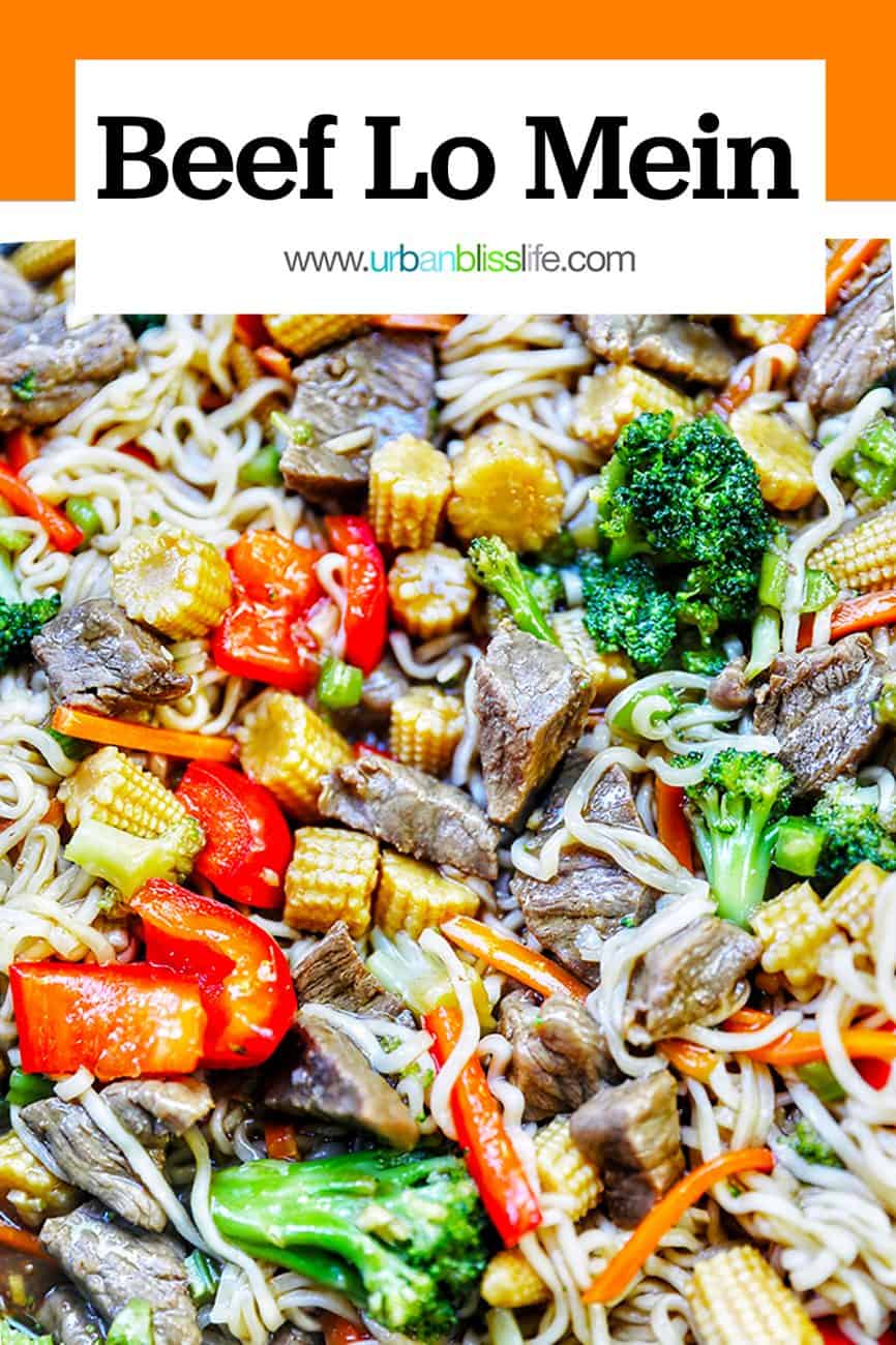 lo mein noodles with beef, vegetables, and title text overlay
