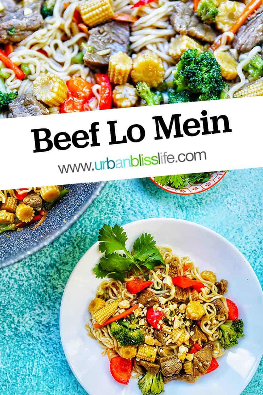 lo mein noodles with beef, vegetables, and title text overlay