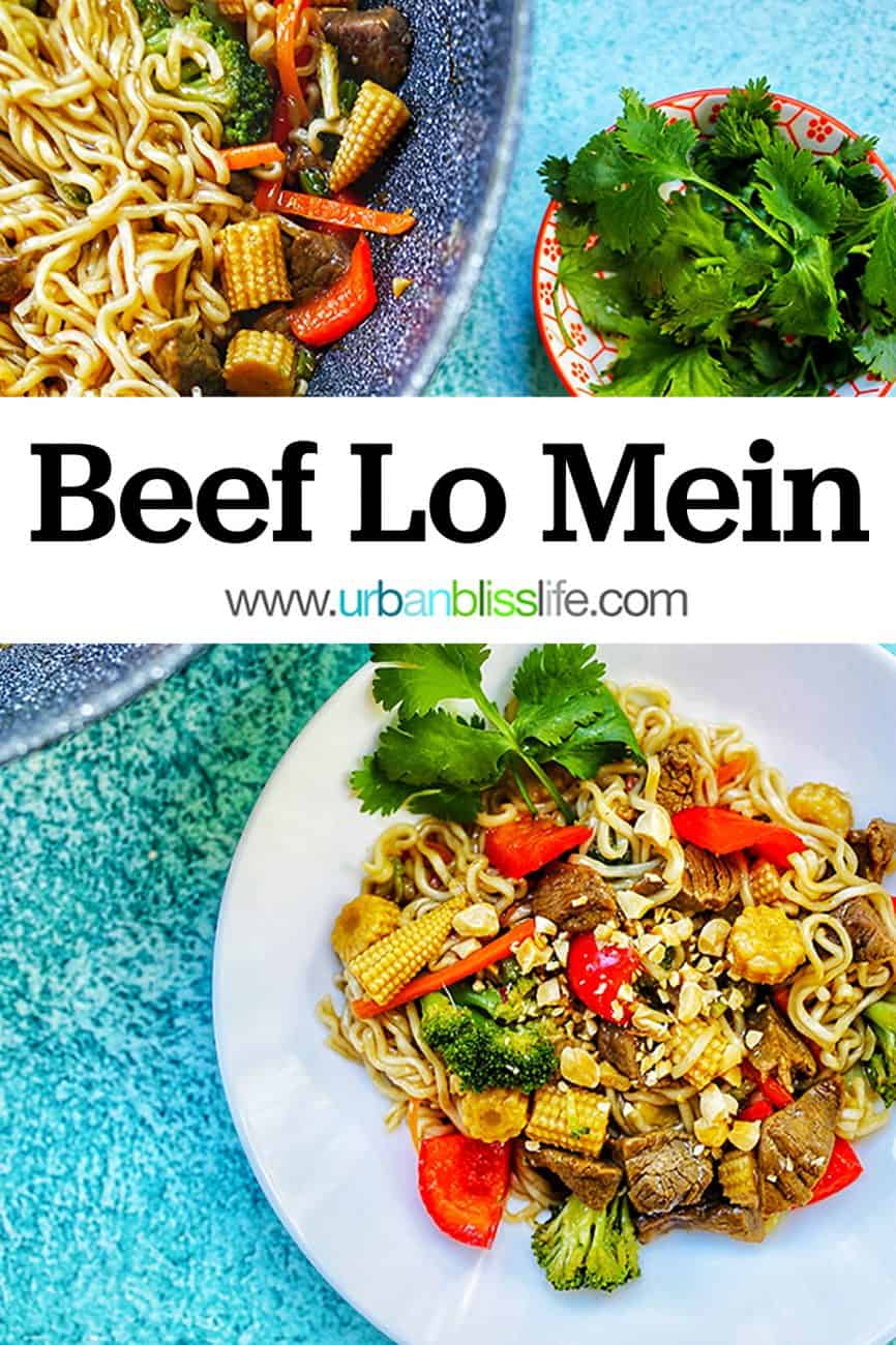 bowl of beef lo mein with pan of noodles and title text overlay