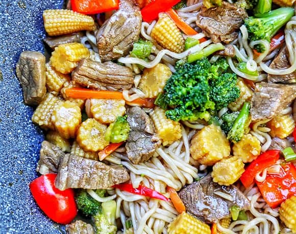 half side of beef lo mein in pan