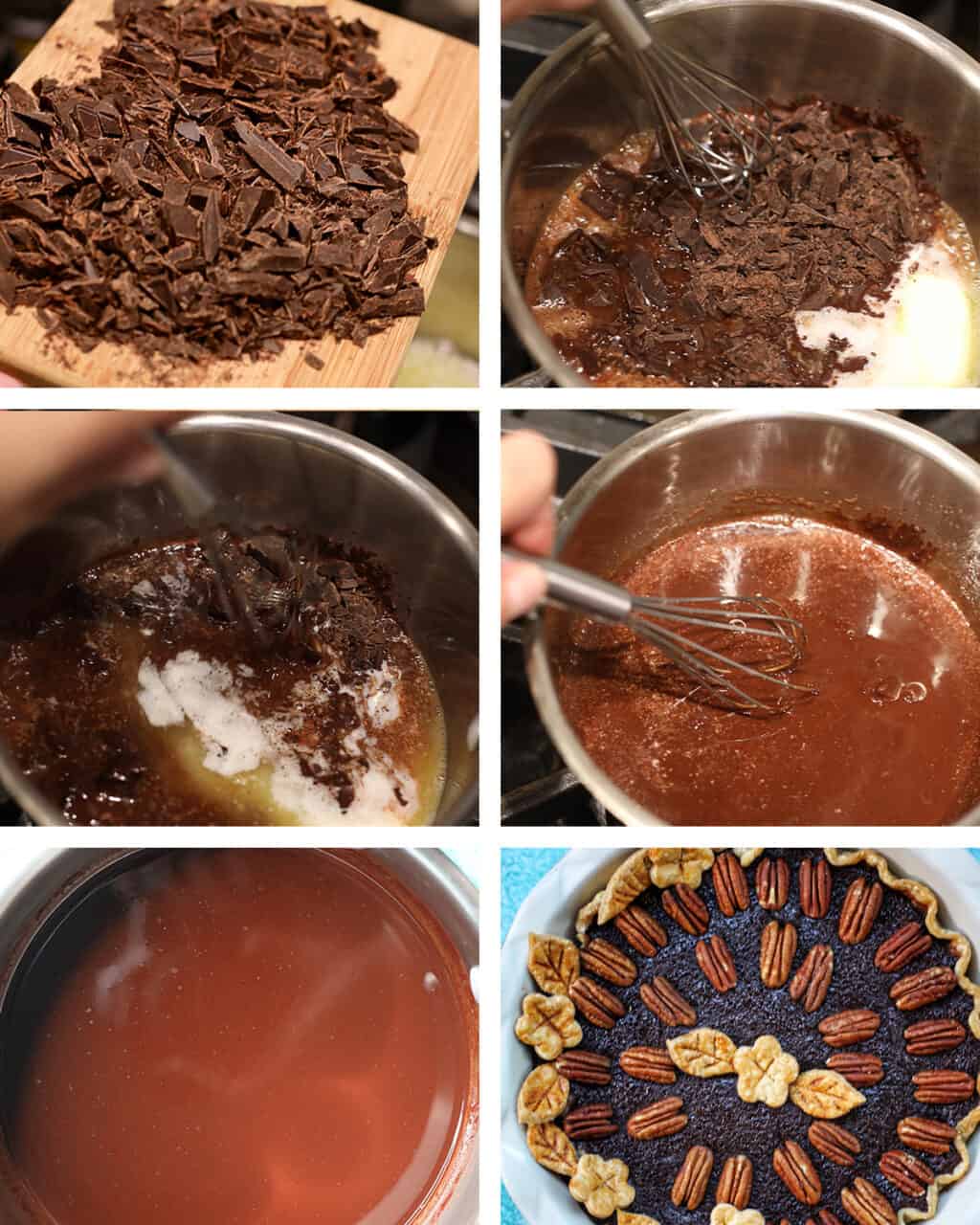 photos of steps making chocolate bourbon pecan pie