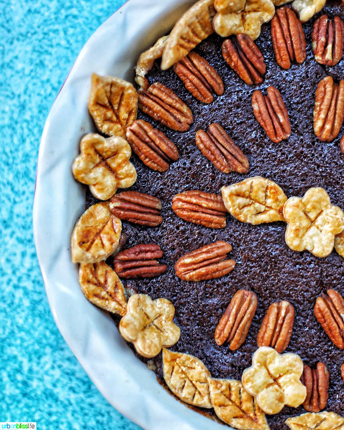 left half of Chocolate Bourbon Pecan Pie with pie crust cutouts in leaf and flower shapes with pecan halves as pie decoration in a white pie pan on blue table.