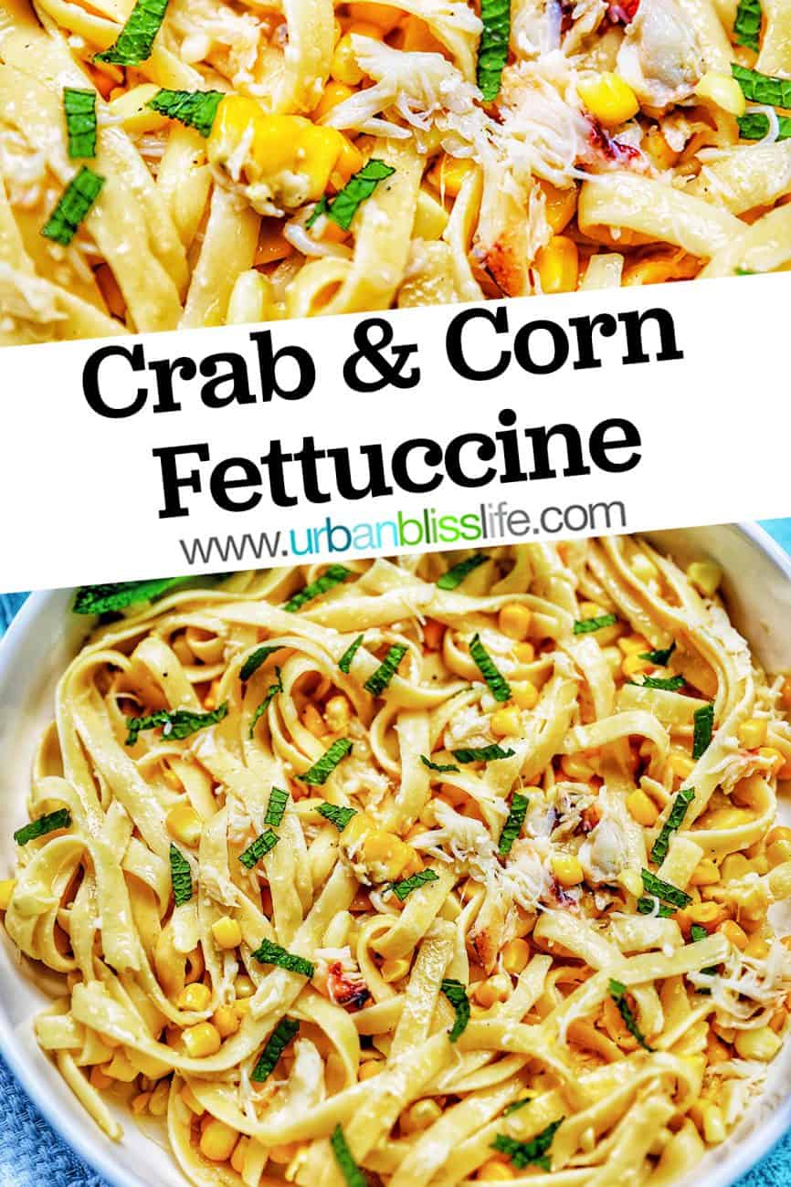 closeup of crab pasta with title text