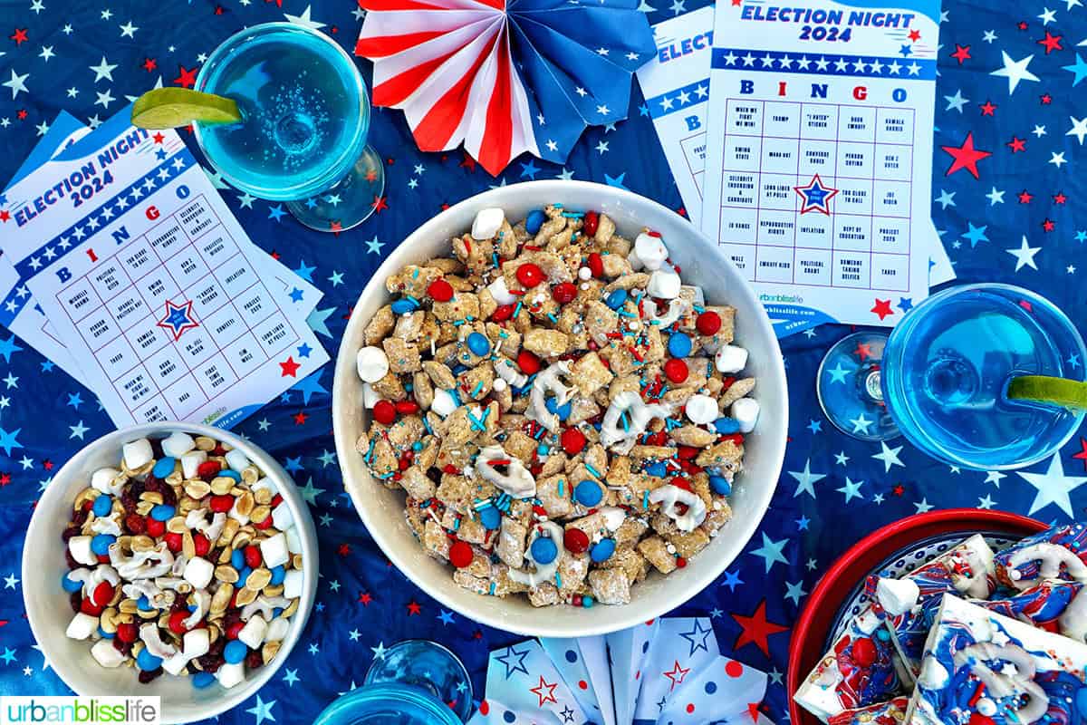 Election Night Party setting with patriotic puppy chow, election bingo cards, decorations, red, white and blue trail mix, and red, white, and blue bark and blue wave cocktails.