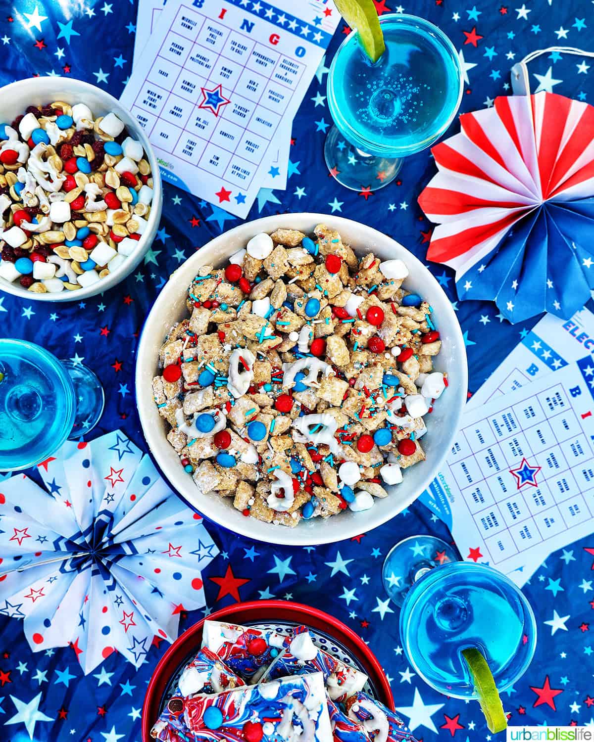 Election Night Party setting with patriotic puppy chow, election bingo cards, decorations, red, white and blue trail mix, and red, white, and blue bark and blue wave cocktails.