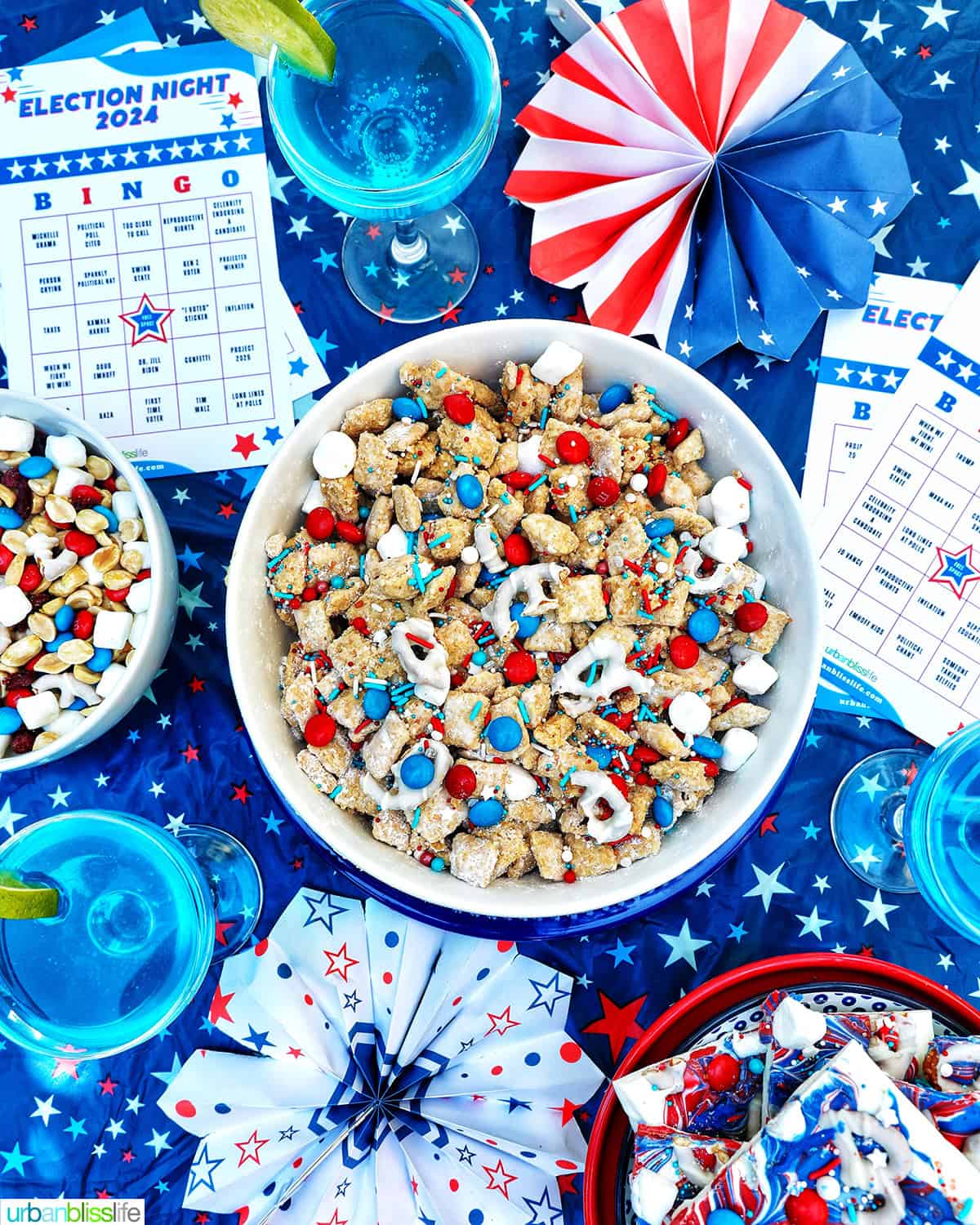 Election Night Party setting with patriotic puppy chow, election bingo cards, decorations, red, white and blue trail mix, and red, white, and blue bark and blue wave cocktails.