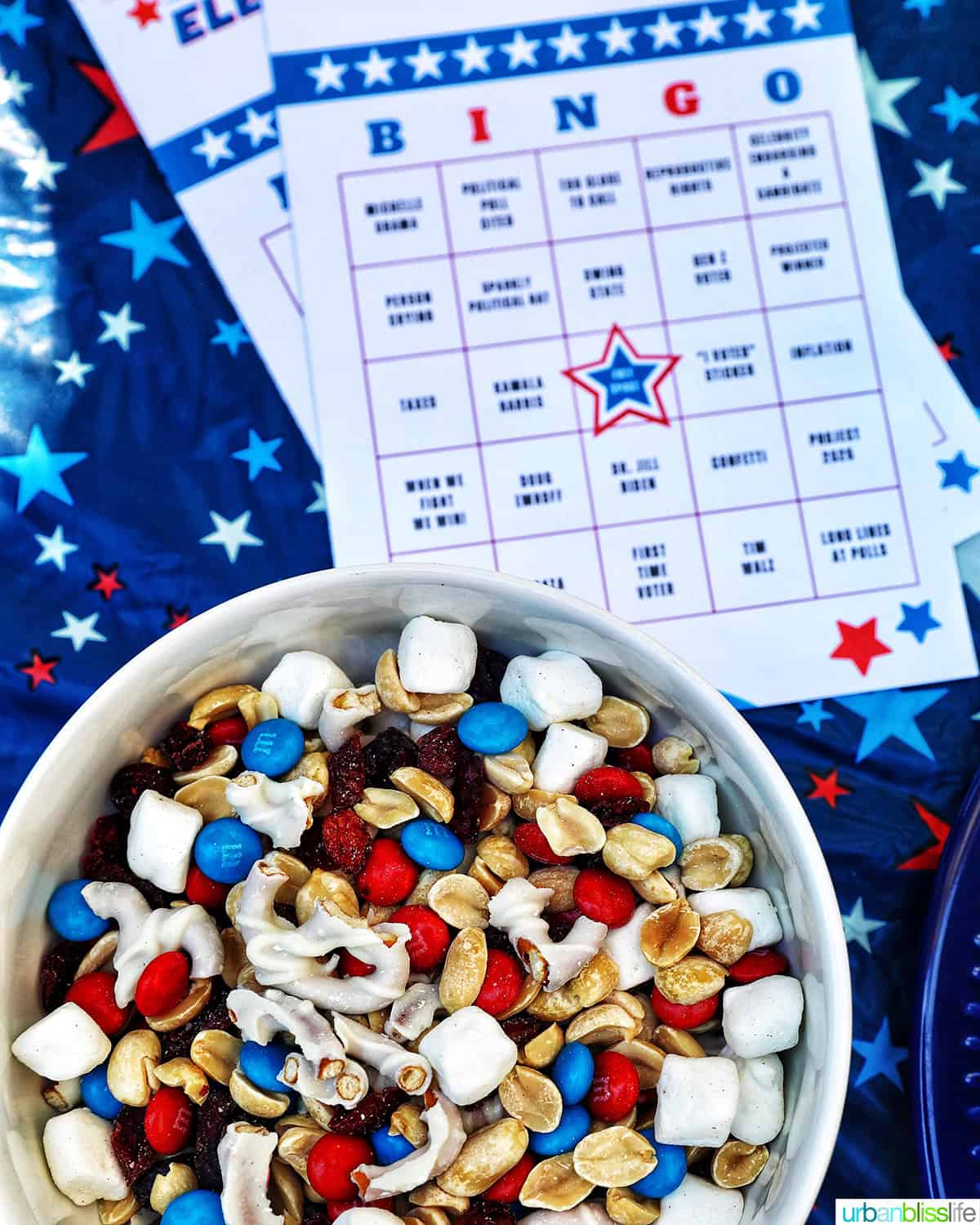 bowl of red, white, and blue trail mix with Election Bingo card for 2024.