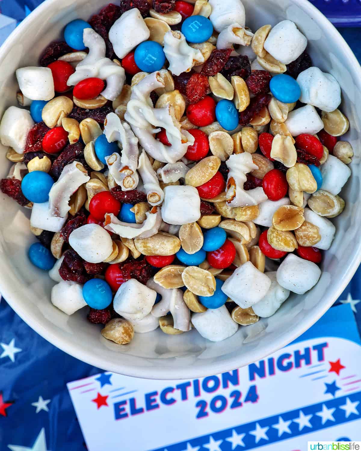 bowl of red, white, and blue trail mix with Election Bingo card for 2024.
