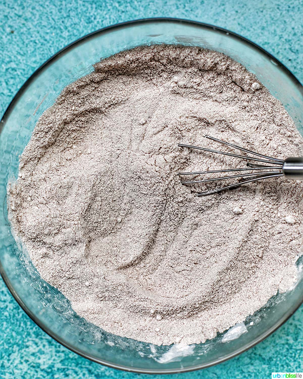 dry ingredients in mixing bowl with whisk.