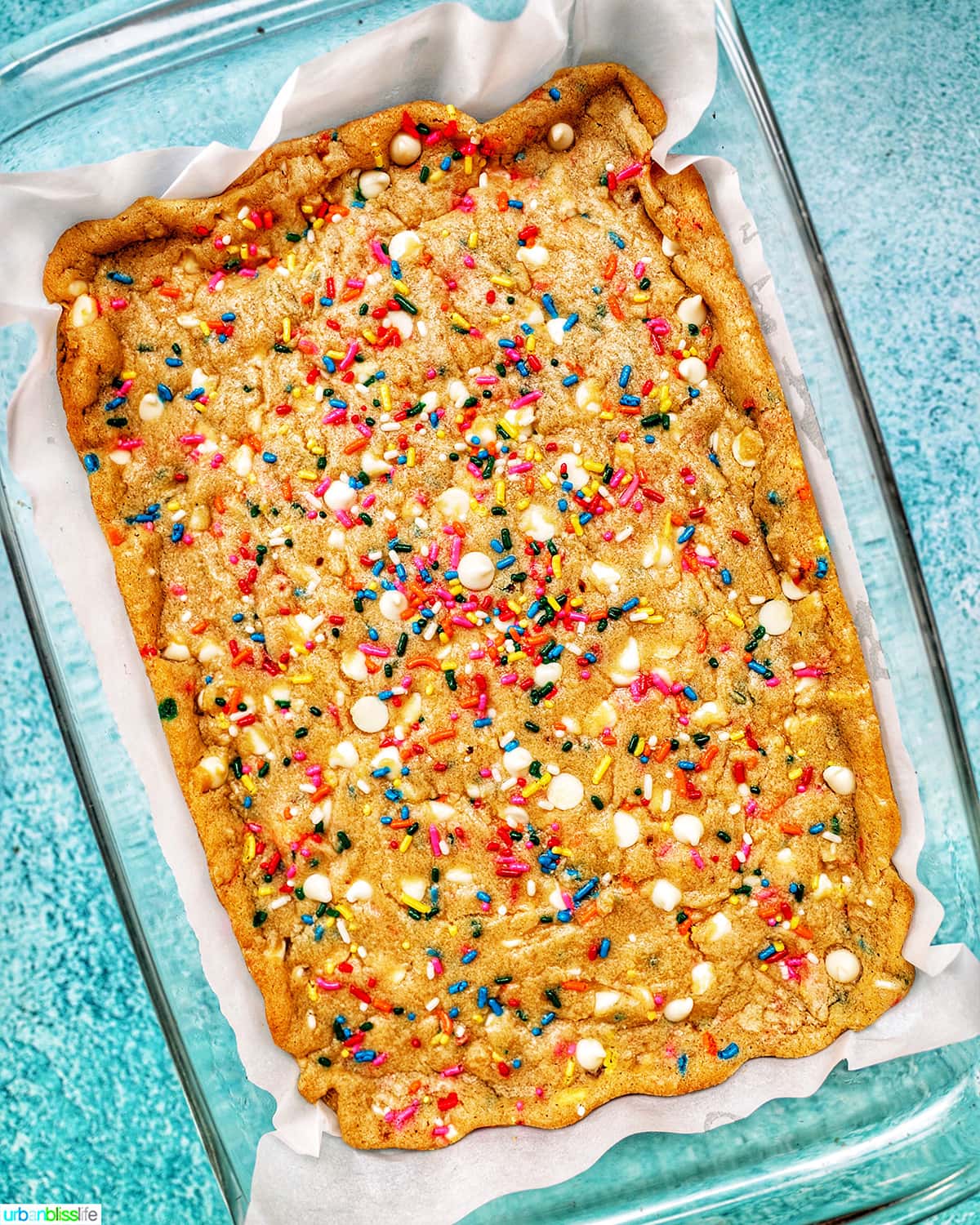 Funfetti Cookie Bars in baking dish