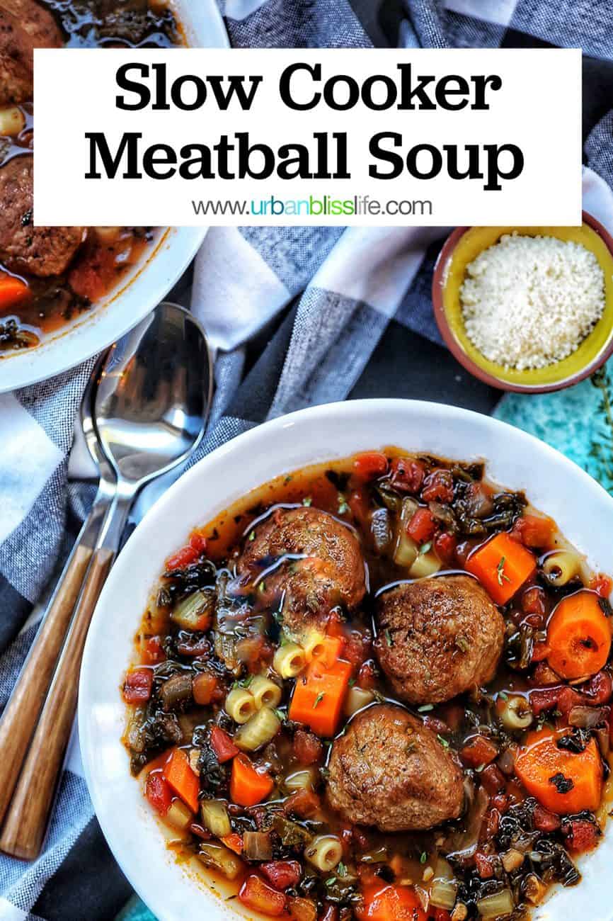 two bowls of Slow Cooker Meatball Soup with title text overlay