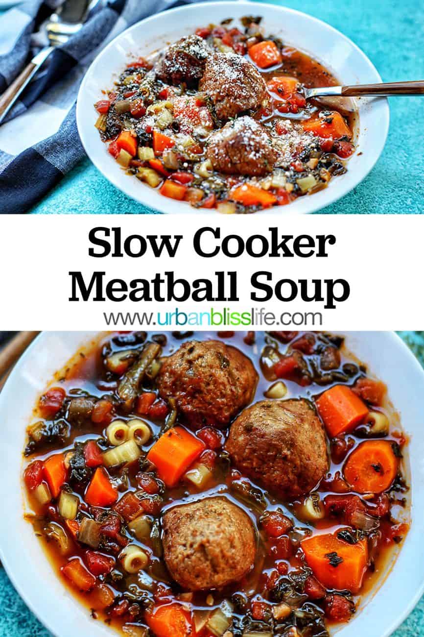 closeup bowl and landscape bowl of Slow Cooker Meatball Soup with title text overlay