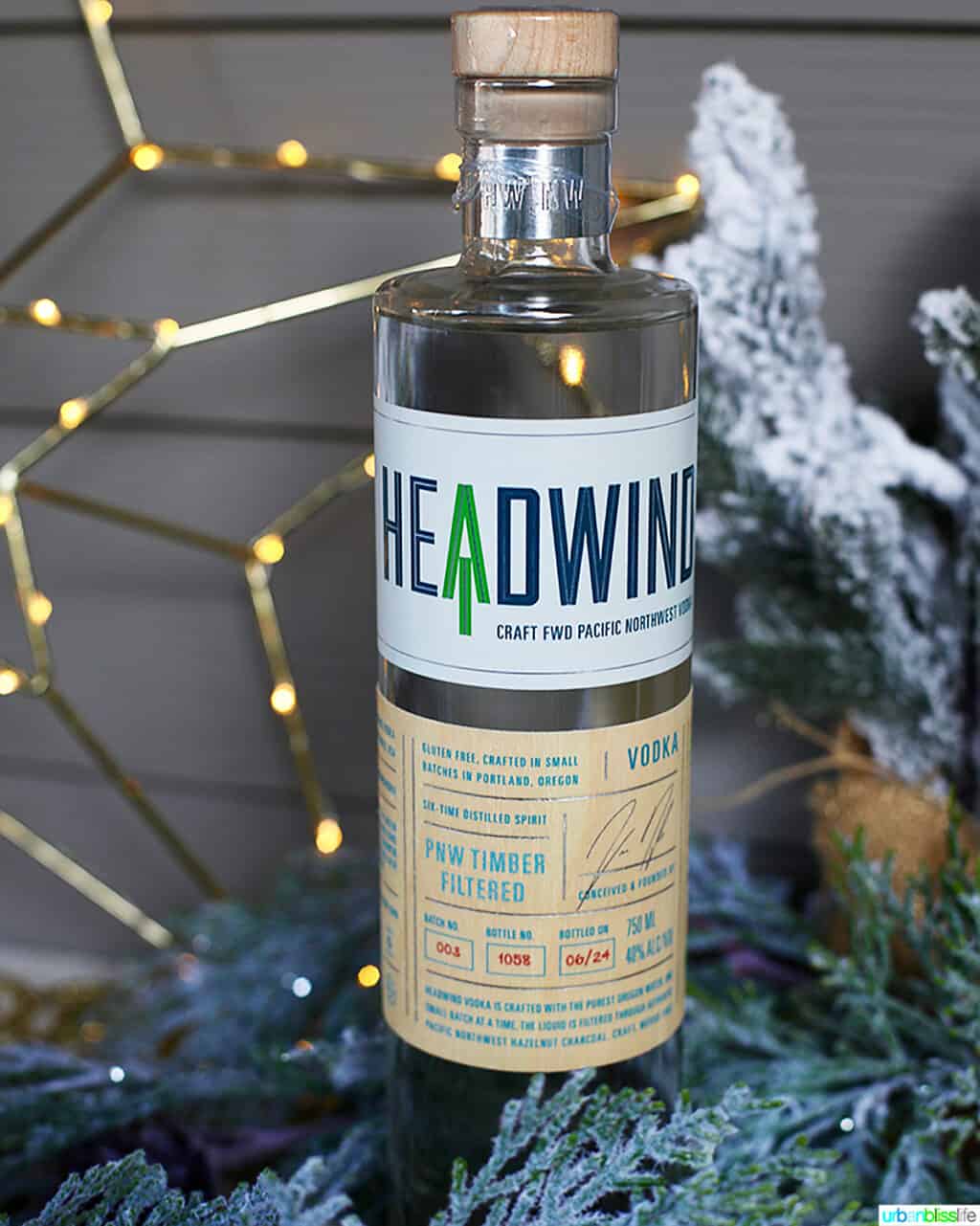 bottle of Headwind Vodka in holiday setting
