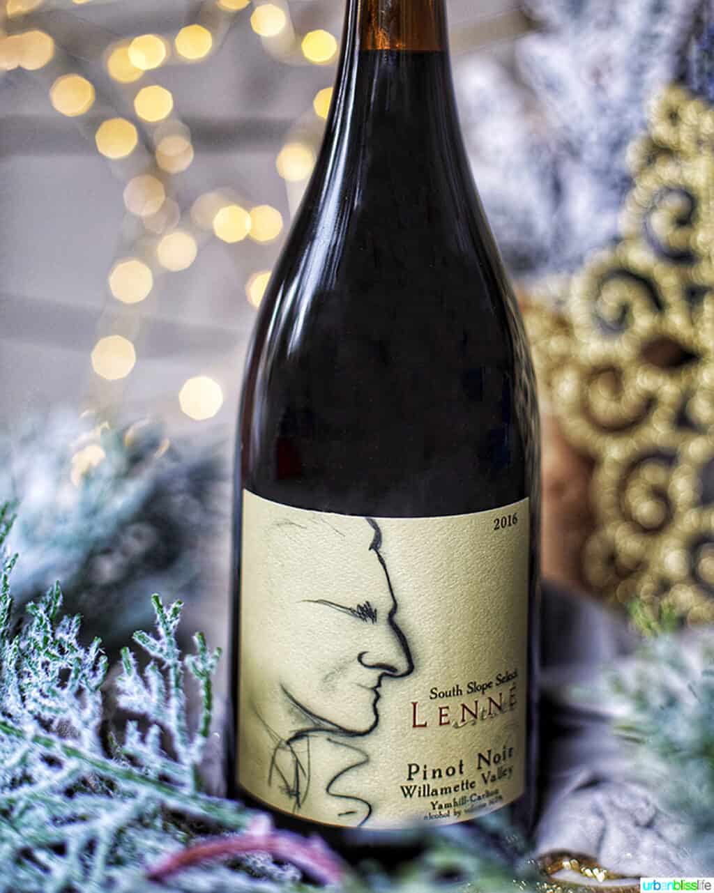 Lenne Estate Pinot Noir wine bottle in holiday setting