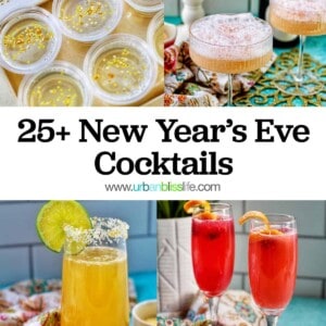 four celebratory cocktails to ring in the new year, with title text overlay.