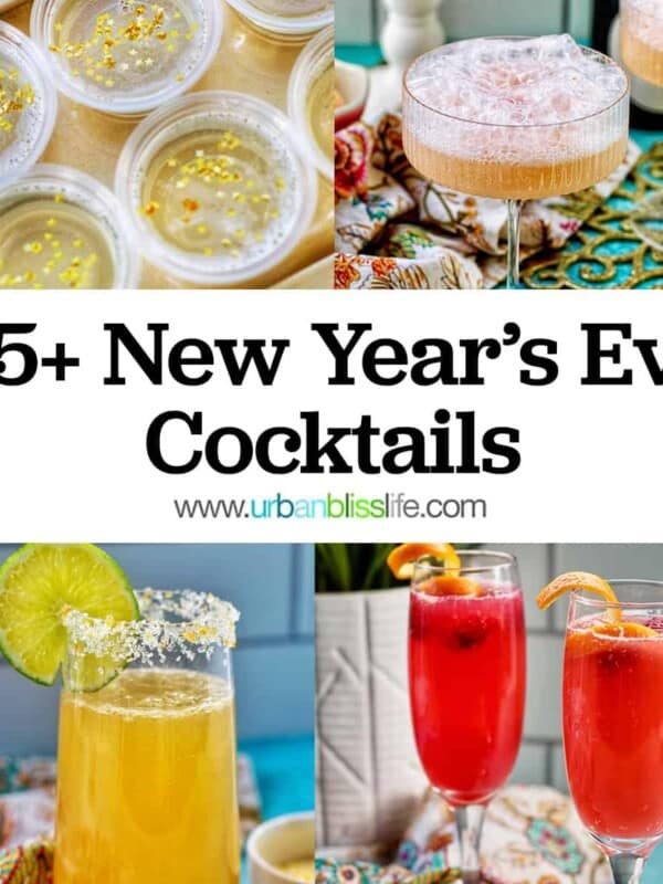 four celebratory cocktails to ring in the new year, with title text overlay.
