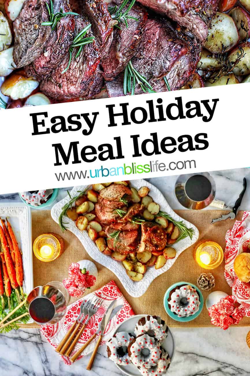easy holiday meal at home - beef roast, carrots, rolls, glasses of wine, and plates of cake