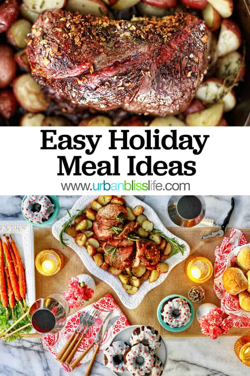 easy holiday meal at home - beef roast, carrots, rolls, glasses of wine, and plates of cake