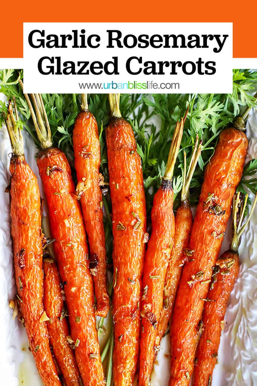 plate of garlic rosemary roasted glazed carrots with title text