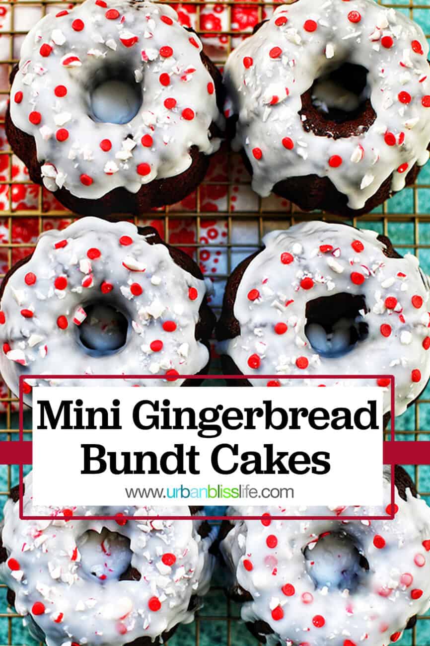mini gingerbread bundt cakes with title text