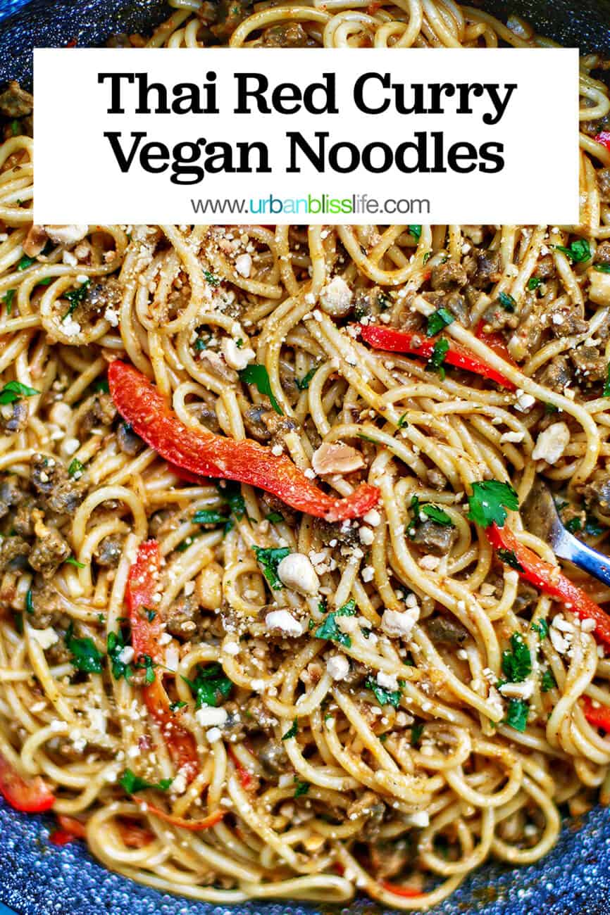 big pan of Thai Red Curry Pasta with title text