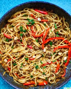 full skillet of vegan Thai Red Curry Pasta