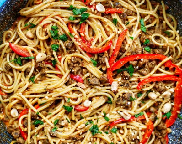 full skillet of vegan Thai Red Curry Pasta