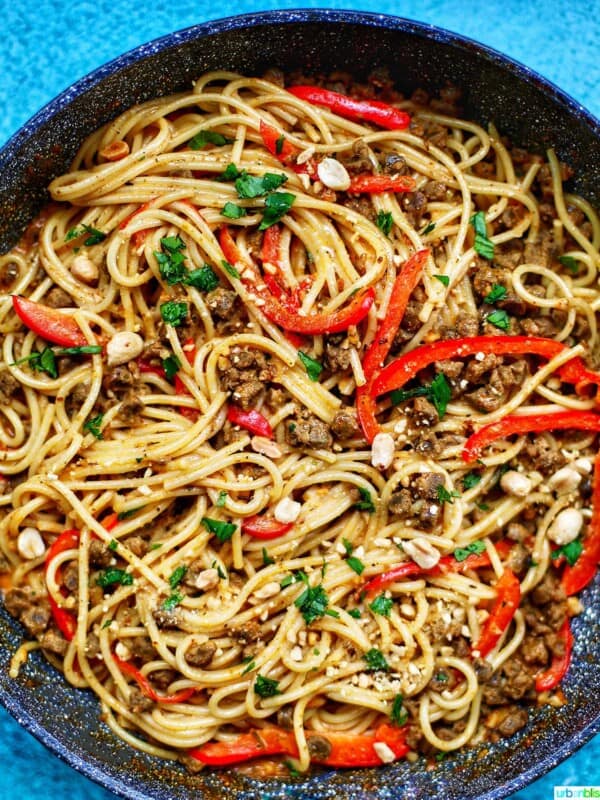 full skillet of vegan Thai Red Curry Pasta