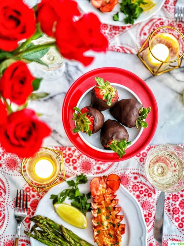 Valentine's Day dinner lobster chocolate covered strawberries roses candles wine