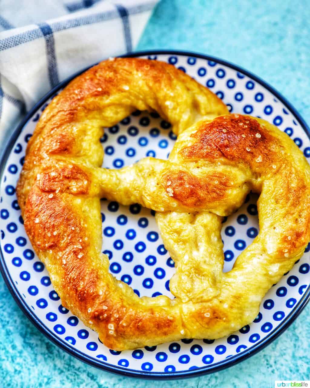 soft pretzel on blue and white plate