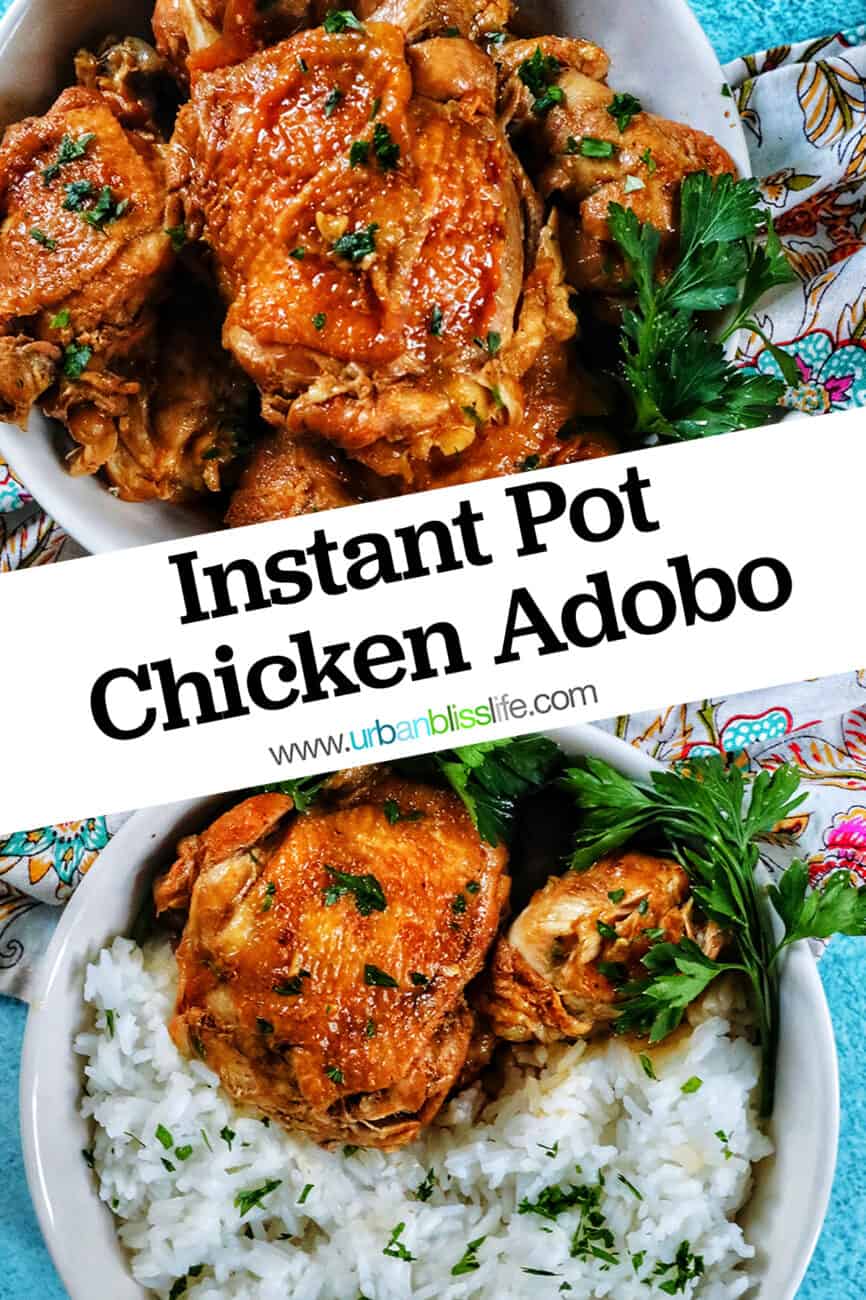 two bowls of Instant Pot Filipino Chicken Adobo and rice, with a colorful floral napkin and forks.