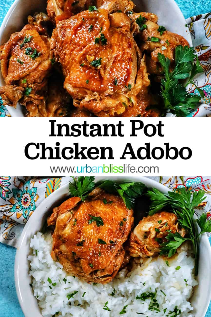 two bowls of Instant Pot Filipino Chicken Adobo and rice, with a colorful floral napkin and forks.