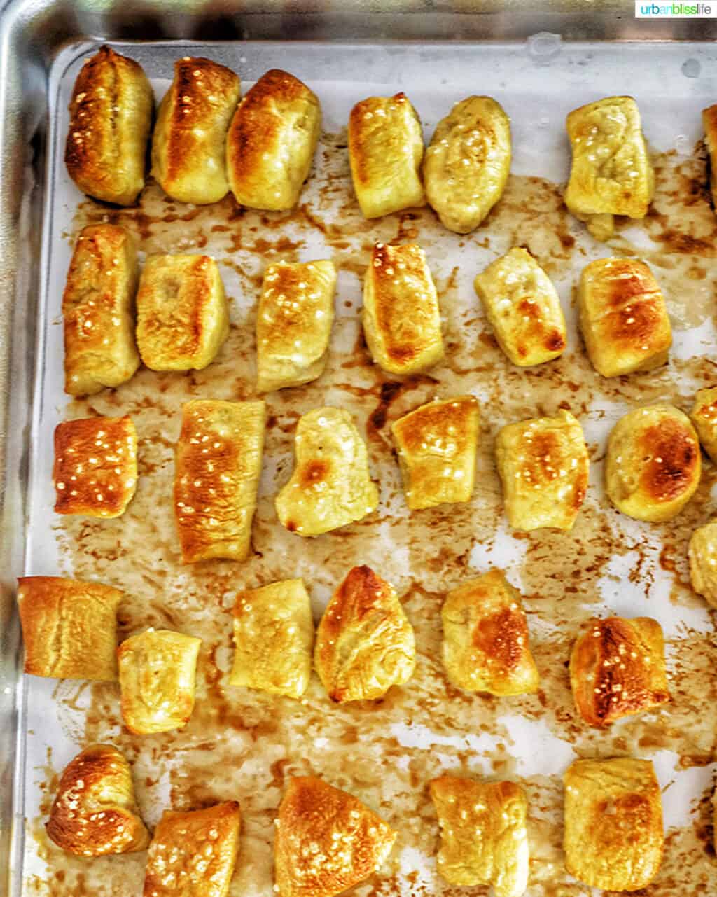 soft pretzel bites on baking sheet