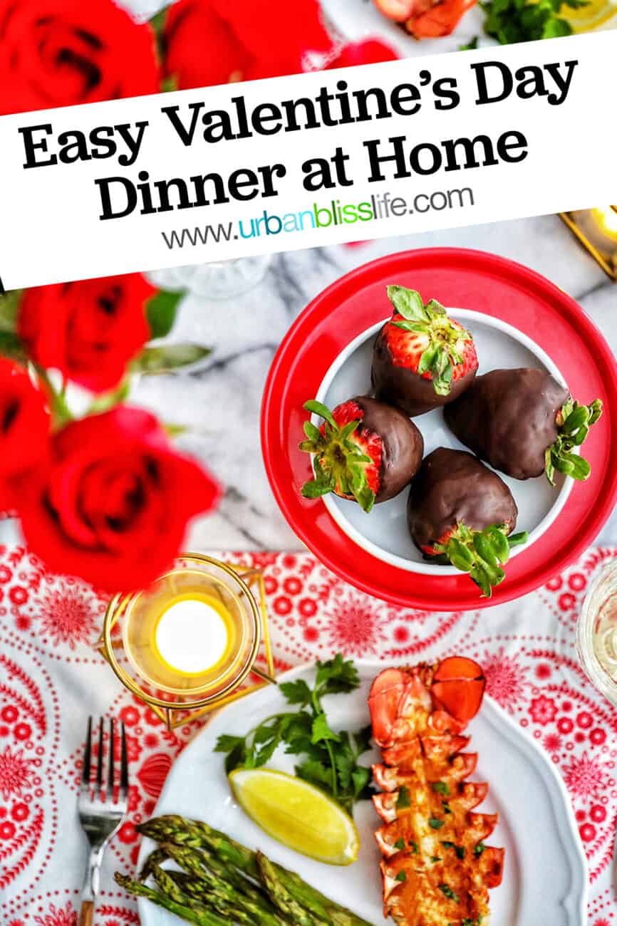 Valentine's Day dinner lobster chocolate covered strawberries roses candles wine with title text