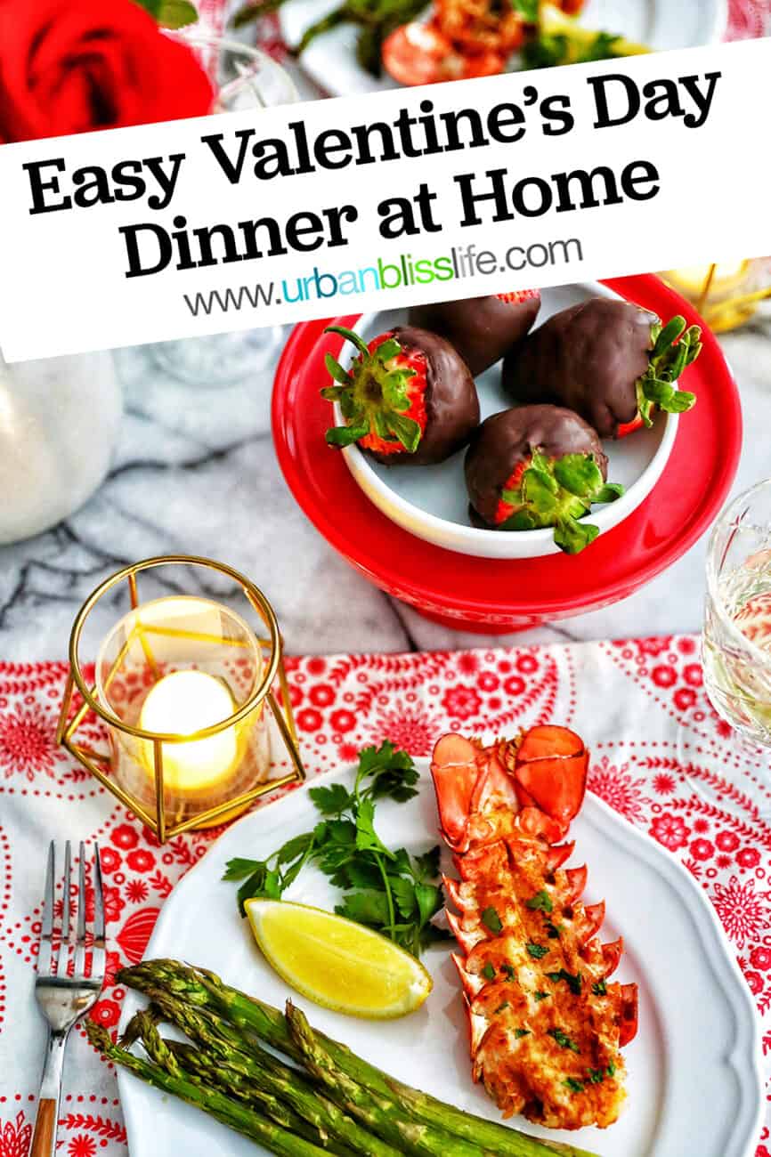 Valentine's Day dinner lobster chocolate covered strawberries roses candles wine with title text