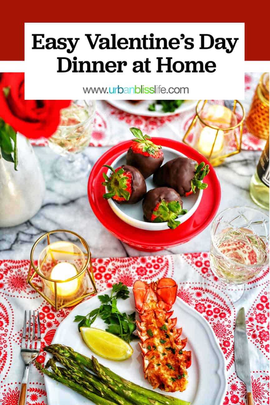 Valentine's Day dinner lobster chocolate covered strawberries roses candles wine with title text
