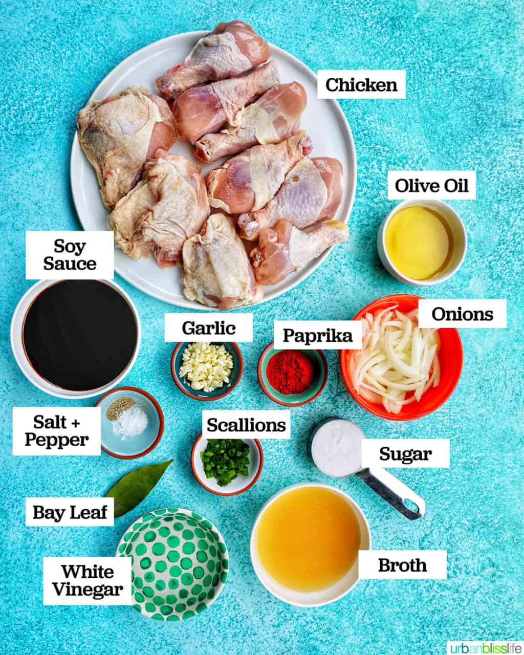bowls of several ingredients to make Instant Pot Chicken Adobo on a blue table.