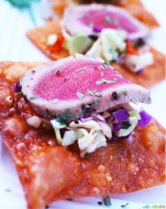 ahi tuna on crispy wonton with asian slaw